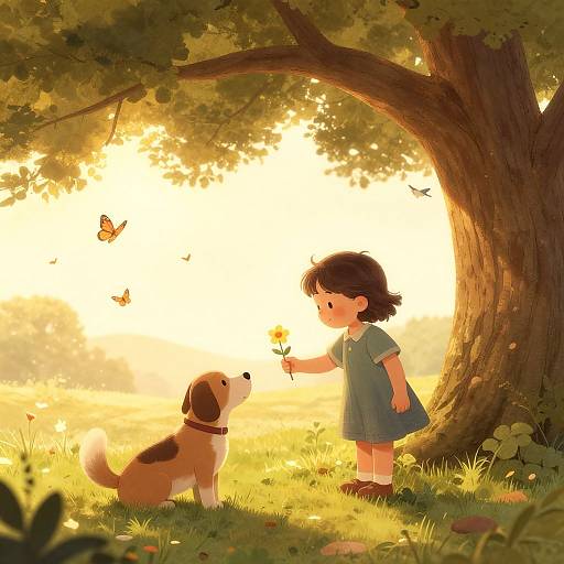 Digital anime-style illustration of a young girl in a blue dress, holding a yellow flower, standing beside a brown and white dog under a large tree,