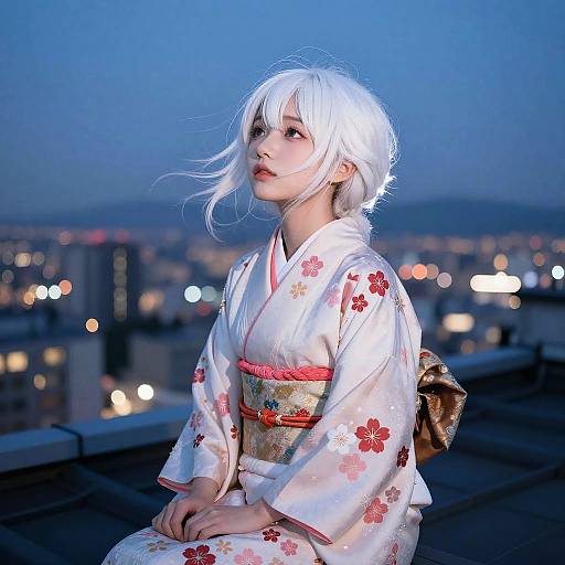Photograph of an Asian woman with white hair in a floral white kimono, sitting on a rooftop at twilight, city lights blurred in the background.