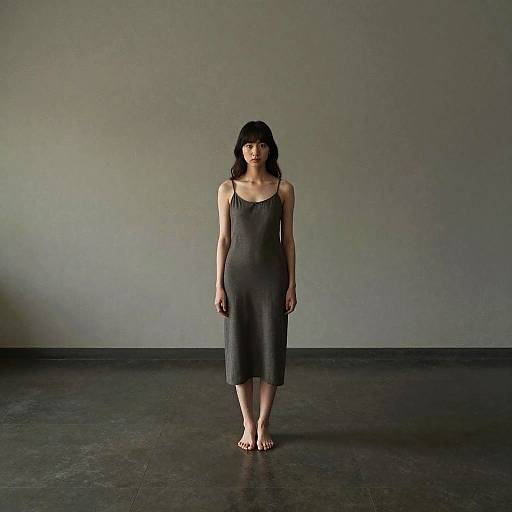 Photograph of an Asian woman with black hair, wearing a loose black dress and sandals, standing in a minimalist gray room with a plain concrete floor.