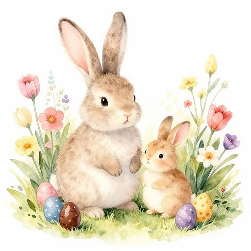Watercolor Easter Bunnies with Flowers and Eggs