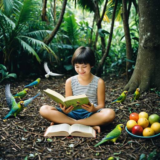 Girl Reading to Parakeets in Tropical Forest