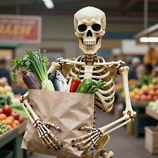 Photograph of a skeleton holding a brown paper bag filled with vegetables and a bottle, standing in a brightly lit grocery store.
