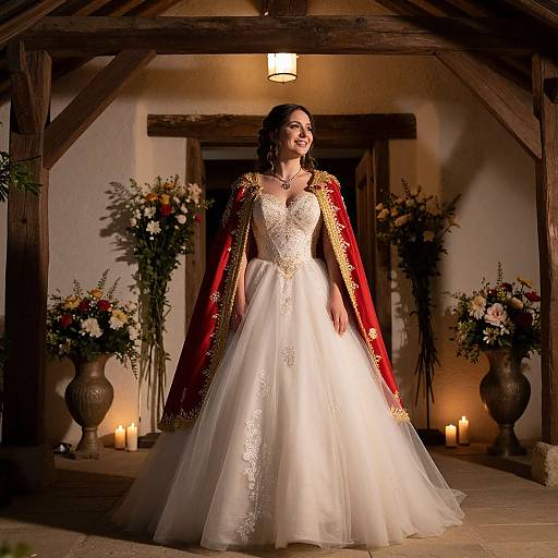 Photograph of a dark-haired woman in a white lace wedding gown with a red and gold embroidered cape, standing under a wooden arch with lit candles and