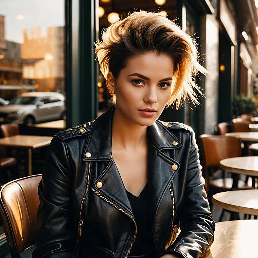 Fashionable Woman with Layered Quiff Hairstyle in Café