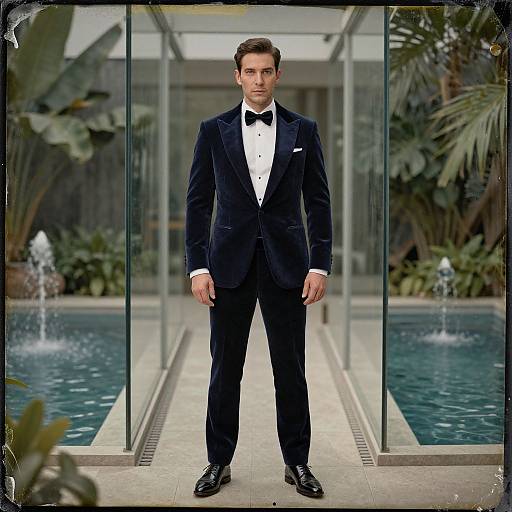 Photograph of a handsome man in a black tuxedo, white shirt, black bow tie, standing confidently in front of a glass wall with two