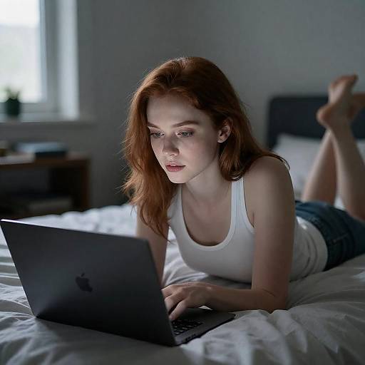 Focused Woman with Laptop in Dim Room