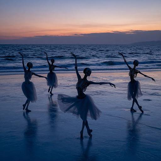 Photograph of five silhouetted ballerinas in tutus dancing on a wet beach at sunset, with a colorful sky and ocean waves in