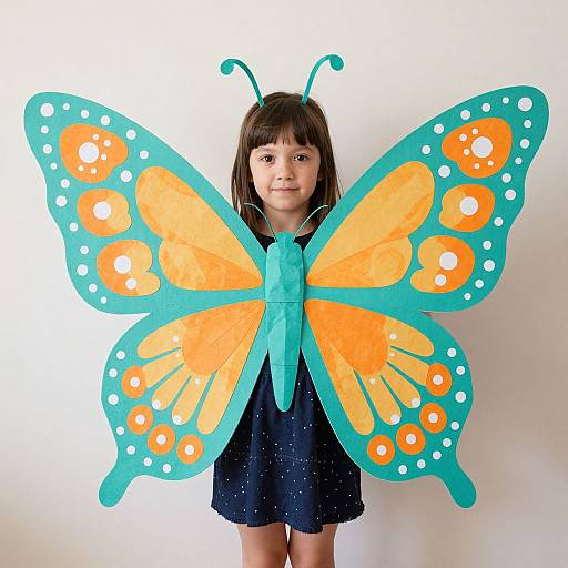 Photograph of a young girl with straight brown hair, wearing a black dress, and large, colorful butterfly wings in orange, teal, and white.