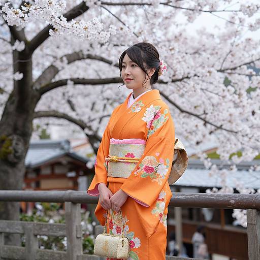 Photograph of a Japanese woman in an orange floral kimono, standing under cherry blossom trees, holding a wicker bag, traditional setting.