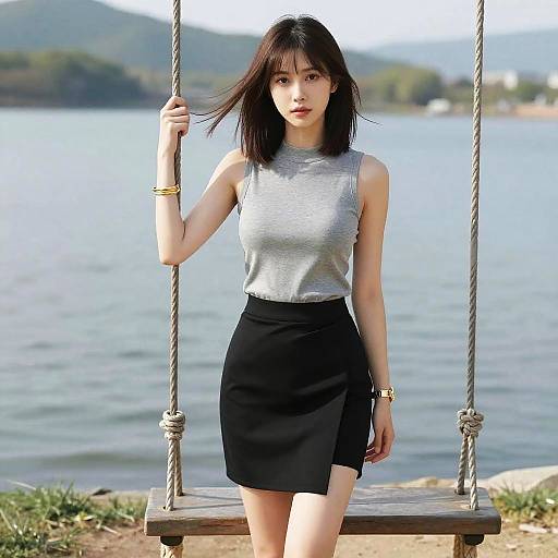 Photograph of an Asian woman with straight black hair, wearing a gray sleeveless top and black skirt, sitting on a wooden swing by a lakeside