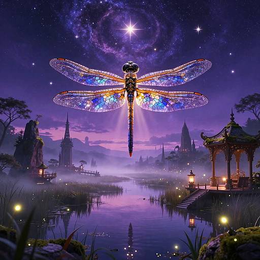 Stained Glass Dragonfly Over Twilight Marshlands