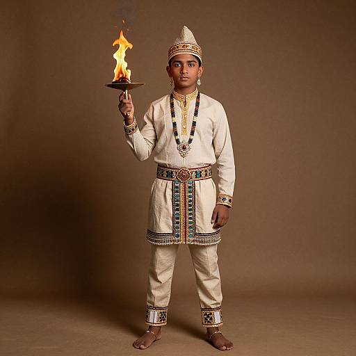 Photograph of a young boy in white traditional African attire, holding a flaming torch, standing against a brown background.