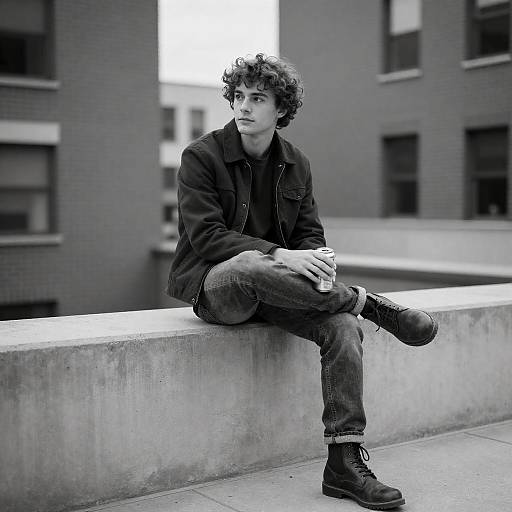 Curly-Haired Young Man on Concrete Ledge