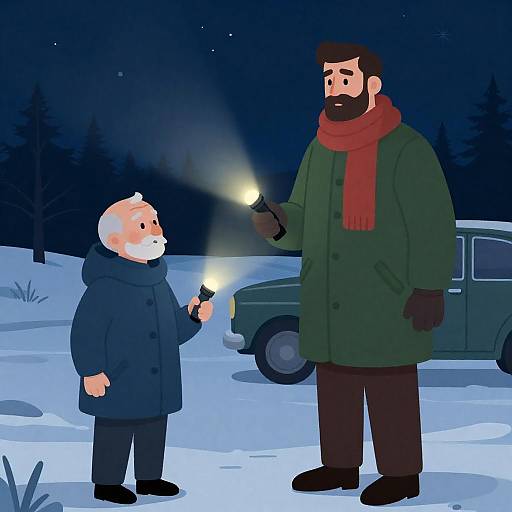 Nighttime Winter Scene with Two Men Holding Flashlights