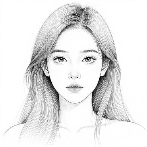 Black-and-white digital sketch of a young woman with long, straight hair, almond-shaped eyes, and a neutral expression, centered on a white background.
