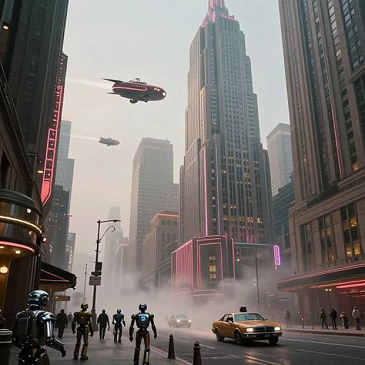 Photograph of a foggy, neon-lit New York City street with towering skyscrapers, flying cars, police officers, and a yellow taxi