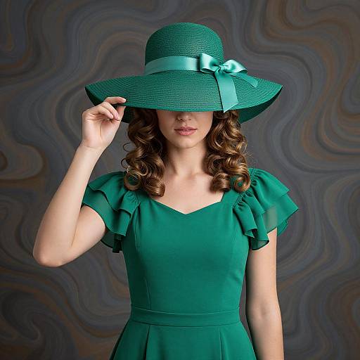 Photograph of a woman in a teal dress and wide-brimmed hat with a blue ribbon, holding the brim, against a wavy,