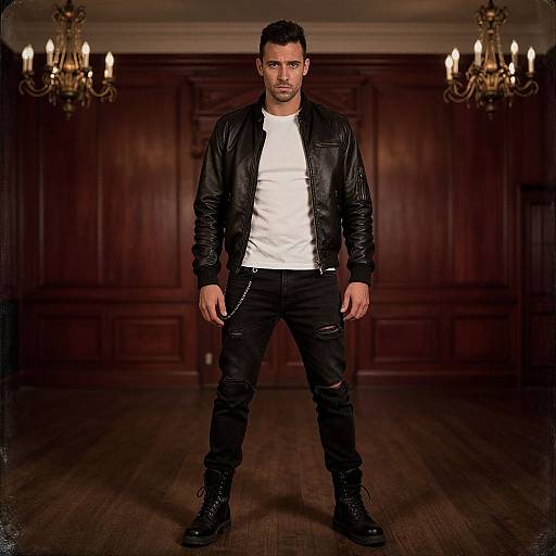Photograph of a muscular man with short dark hair, wearing a black leather jacket, white t-shirt, ripped black jeans, and black boots, standing