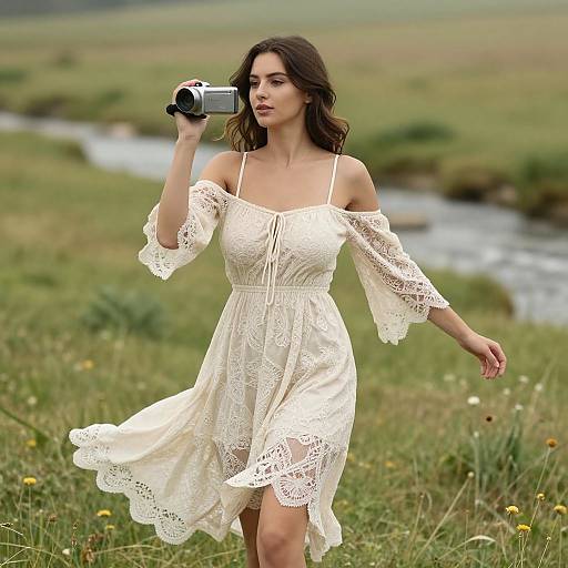 Photograph of a brunette woman with wavy hair, wearing an off-shoulder white lace dress, holding a camera, walking through a green,