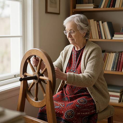 Elderly woman with white hair and glasses, wearing a beige cardigan and red patterned dress, spins wooden wheel in sunlit library.