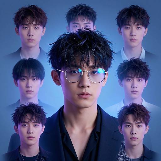 Photograph of a young Asian man with messy black hair and round glasses, centered among six identical headshots, against a blue gradient background.