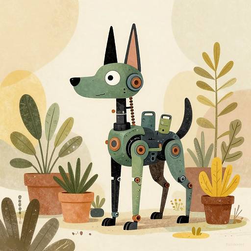 Whimsical digital drawing of a robotic, green, dog-like creature with black ears and joints, surrounded by various potted plants. Bright, playful