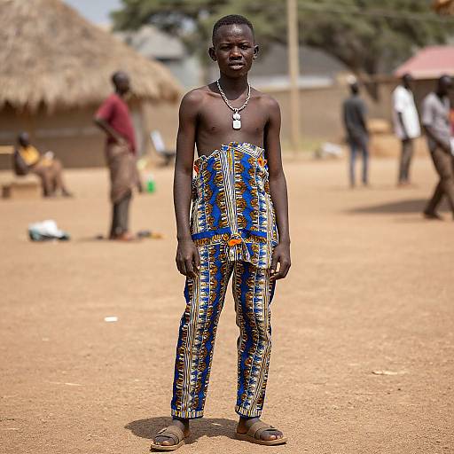 Photograph of a young African boy standing in a sunlit, rural village, wearing colorful, patterned pants and no shirt, with a silver necklace