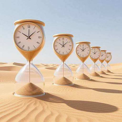 Photograph of five hourglasses with white faces and black Roman numerals, lined up in a desert with golden sand and clear blue sky.