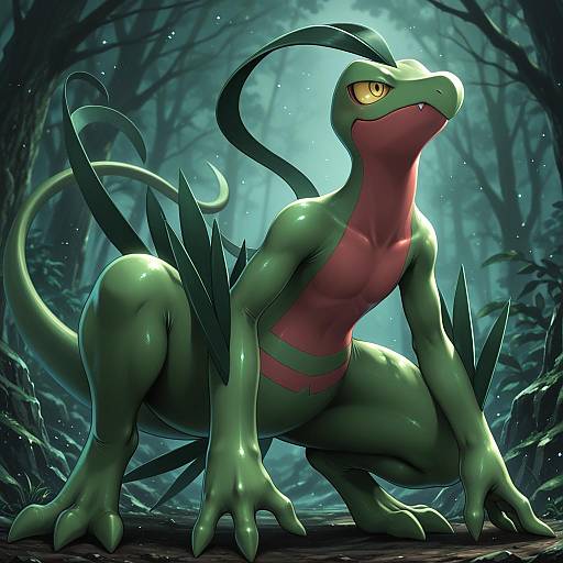 Illustration of Grovyle, pokemon in the style of Kamogawa tanuki