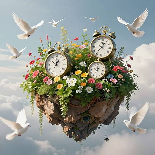 Fantastical floating rock adorned with six vintage clocks and vibrant flowers, surrounded by white doves, set against a bright blue sky. Photorealistic