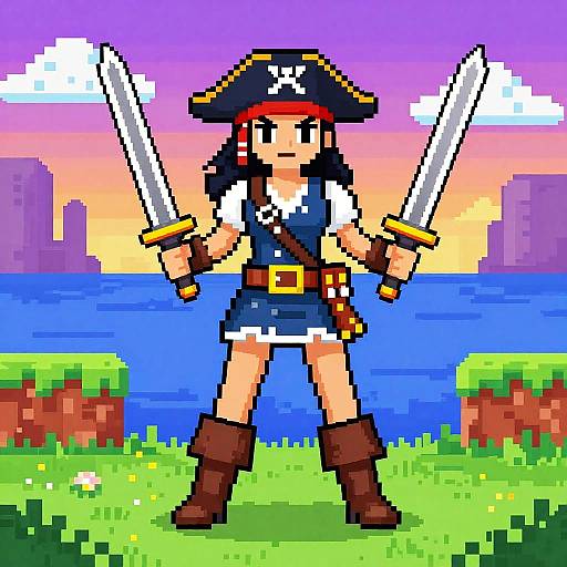 Pixelated Pirate Queen in 8-Bit Landscape
