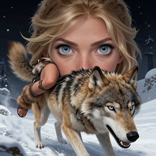 Digital art: A blonde woman with intense blue eyes, wearing a leather bracelet, looms behind a fierce, yellow-eyed wolf in a snowy forest.