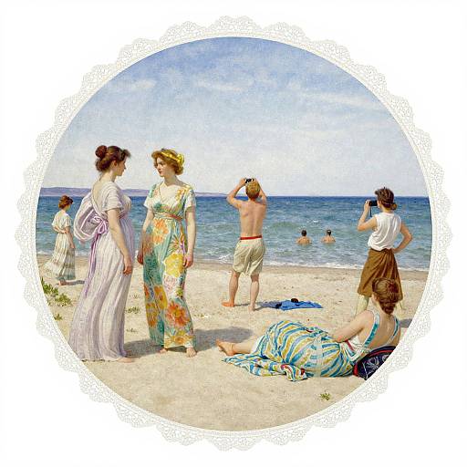 Vintage-style painting of a beach scene with women in colorful dresses and a shirtless man, people swimming, and a woman sunbathing. Circular border