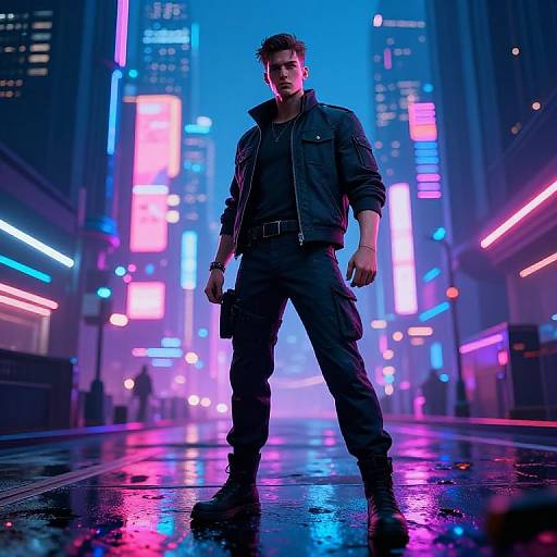Cyberpunk cityscape photograph of a muscular man in a black leather jacket, pants, and boots, standing confidently on a wet, neon-lit