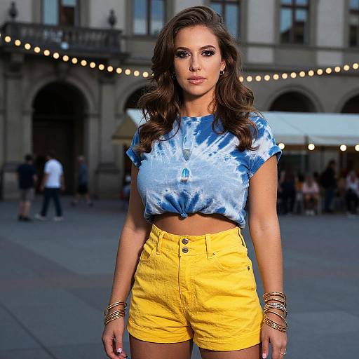Photograph of a woman with wavy brown hair, wearing a blue tie-dye crop top and yellow high-waisted shorts, standing in a