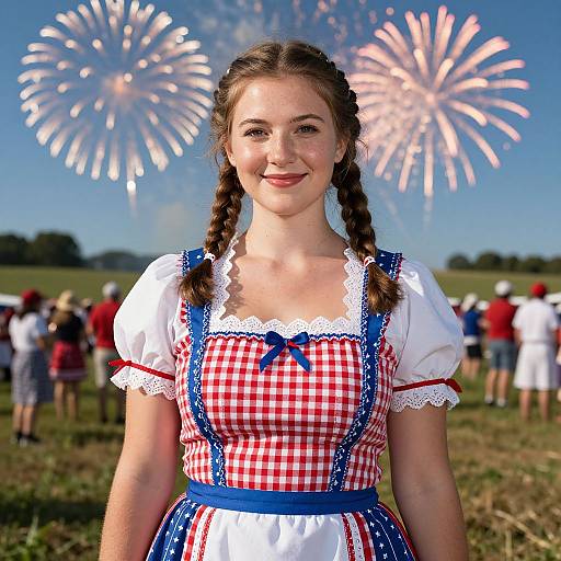 Photograph of a smiling young woman with braided brown hair, wearing a red-and-white checkered dirndl with blue trim, standing in a field