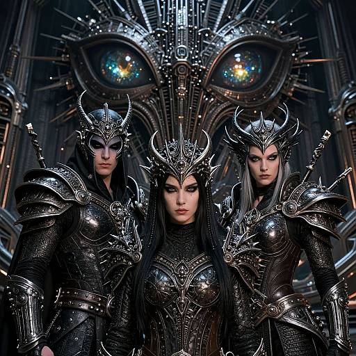 Three women in ornate, black, metallic armor with crowns, standing in a dark, futuristic cathedral with glowing, circular eyes. (Digital Art