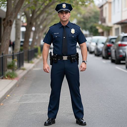 Photograph of a Caucasian male police officer standing on a suburban street, wearing a dark blue uniform, hat, and badge, with a serious expression.
