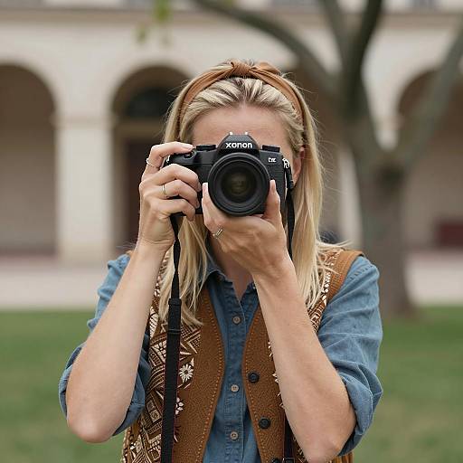 Blonde Woman Taking Photo Outdoors