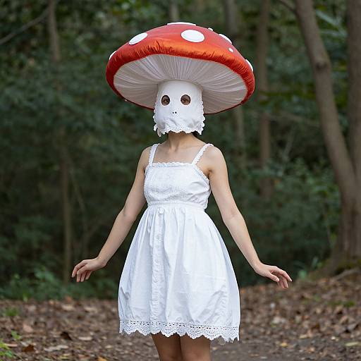 Photograph of a woman in a white dress and white face mask with mushroom hat, standing in a forest, with dark green foliage in the background.