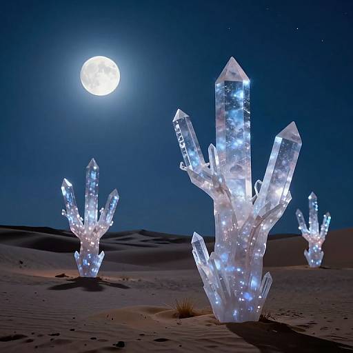 Photograph of illuminated, crystal-like, glowing desert cacti under a bright full moon in a night sky, with dark sand dunes in the
