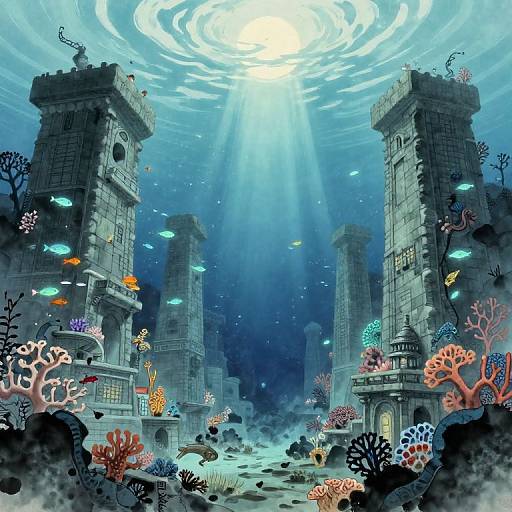 Digital artwork: Underwater scene with sun rays piercing through, surrounded by colorful coral reefs, fish, and ancient stone towers.