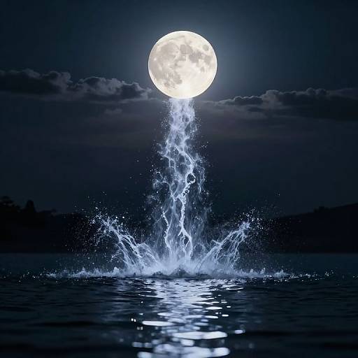 Photograph of a bright full moon above dark, cloudy night sky, casting light on water where a splash of water erupts upwards.