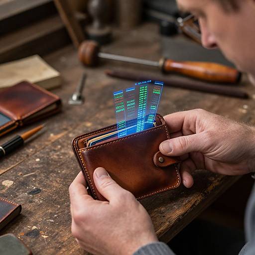Close-up photograph of a man's hands holding a brown leather wallet with glowing blue digital numbers, surrounded by woodworking tools on a rustic, worn wooden work