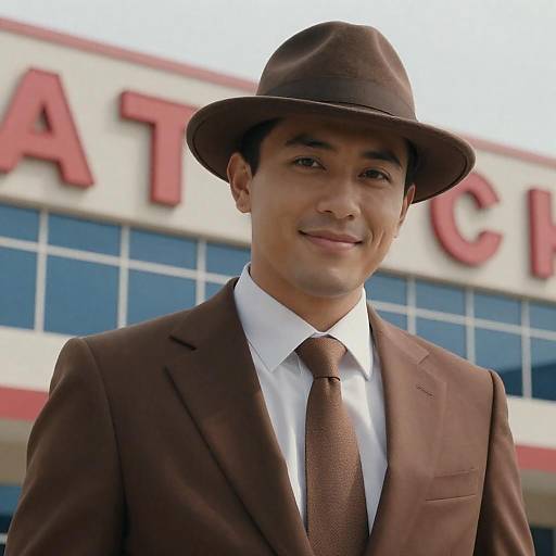 Man in Brown Suit at Building Entrance