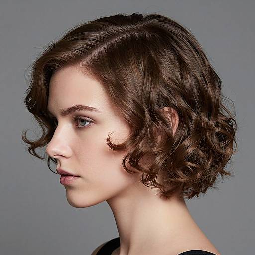 Photograph of a young woman with fair skin, short wavy brown hair, and light blue eyes, shown in profile against a gray background.