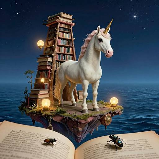 Photorealistic CGI: White unicorn with golden horn stands on floating cliff, surrounded by glowing lamps, stacks of books, and starry night sky;