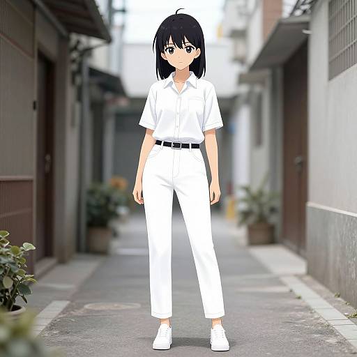 Anime-style digital drawing of a black-haired girl in white uniform standing confidently on a narrow, urban alleyway with blurred buildings.