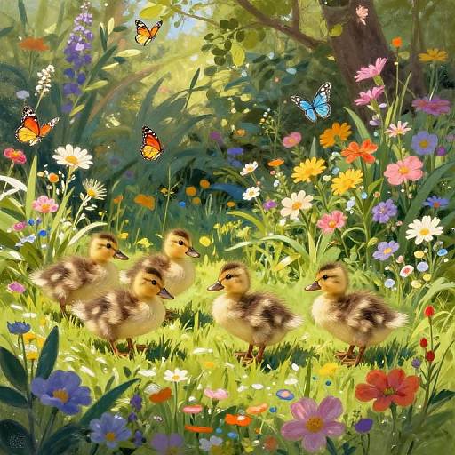 Ducklings in Vibrant Wildflower Garden
