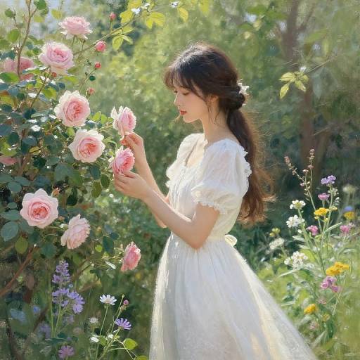 Photograph of a young woman with long brown hair in a white dress, gently touching pink roses in a sunlit, lush garden.